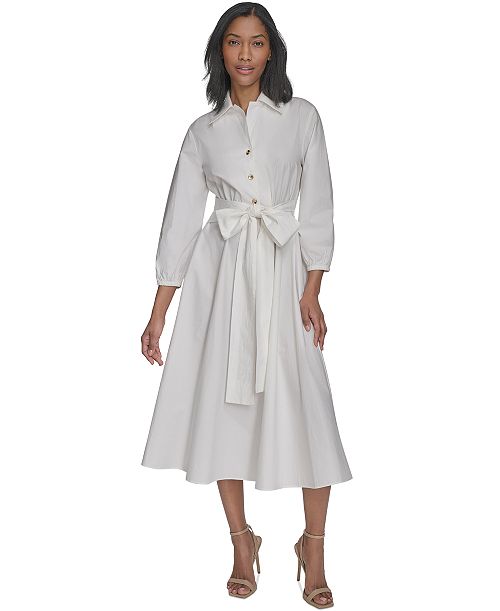 Halston Women's Cotton Tie-Waist Fit & Flare Dress Women's Fashion Shoes & Accessories