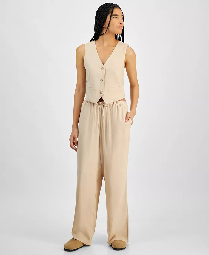 Hippie Rose Juniors' Linen-Like Blend Three-Button Vest & Drawstring-Waist Pants Juniors'