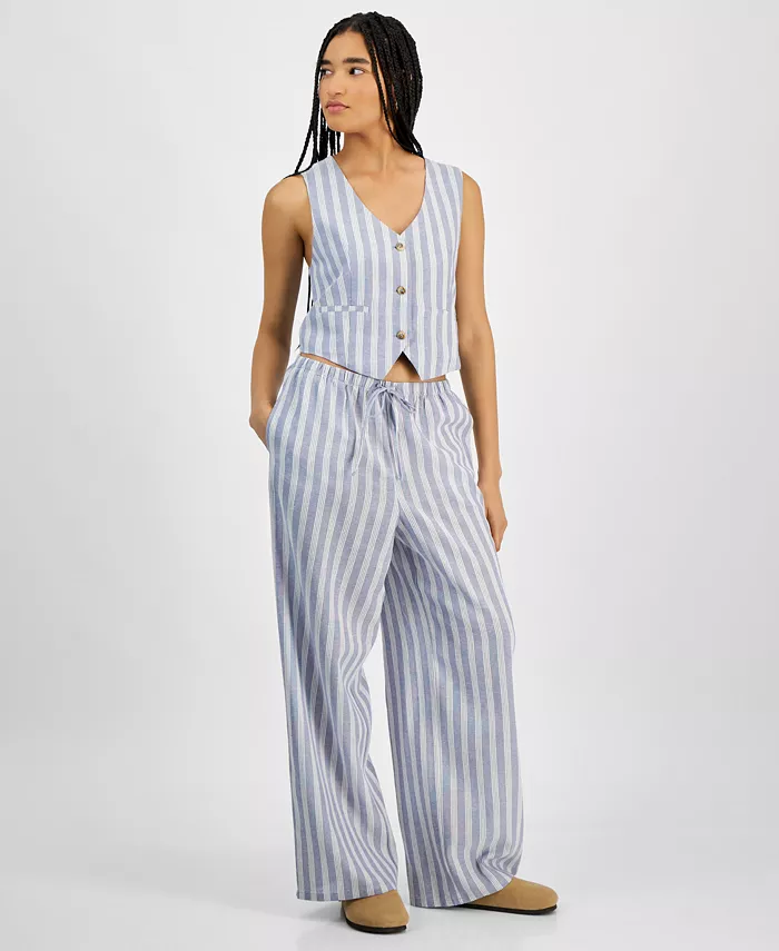 Hippie Rose Juniors' Striped Wide-Leg Drawstring Linen-Blend Pants Juniors'