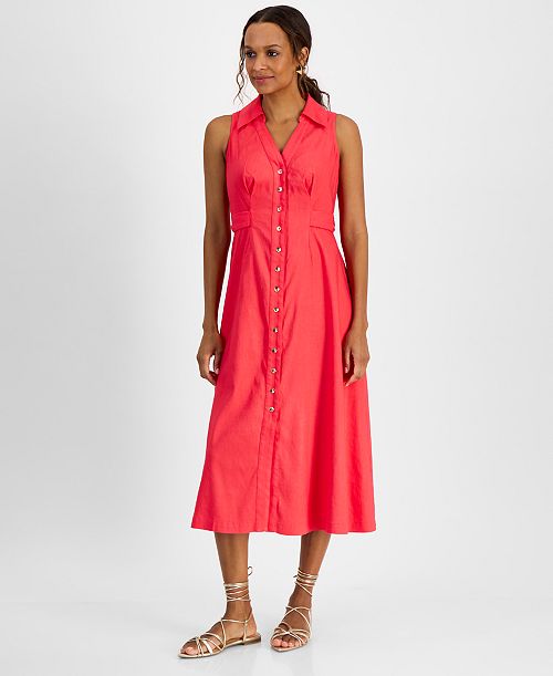 I.N.C. International Concepts Petite Belted Linen-Blend Sleeveless Shirtdress Created for Macy's Women's Fashion Shoes & Accessories
