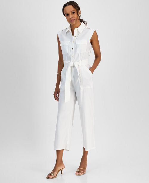 I.N.C. International Concepts Petite Linen-Blend Sleeveless Button-Front Jumpsuit Created for Macy's Women's Fashion Shoes & Accessories