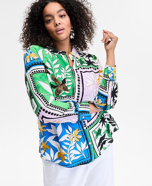 I.N.C. International Concepts Plus Size Mixed-Print Blouse Exclusively at Macy's Women's Fashion Shoes & Accessories