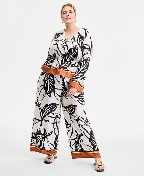 I.N.C. International Concepts Plus Size Printed Volume-Sleeve Peplum Top & Printed High-Rise Wide-Leg Pants Plus Sizes