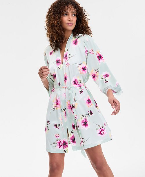 I.N.C. International Concepts Women's Lace-Trim Stretch Satin Robe Created for Macy's Women's Fashion Shoes & Accessories
