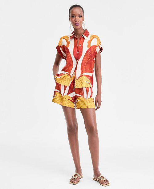 I.N.C. International Concepts Women's Printed Button-Down Camp Shirt & Matching Drawstring Shorts Exclusively at Macy's Women's Fashion Shoes & Accessories