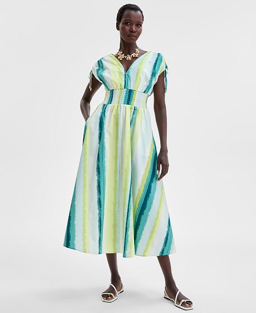 I.N.C. International Concepts Women's Striped Double V-Neck Cotton Dress Exclusively At Macy's Women's Fashion Shoes & Accessories