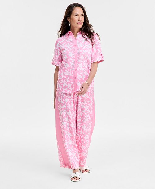 JM Collection Women's Linen Blend Button-Up Top & Pants Exclusively At Macy's Women's Fashion Shoes & Accessories