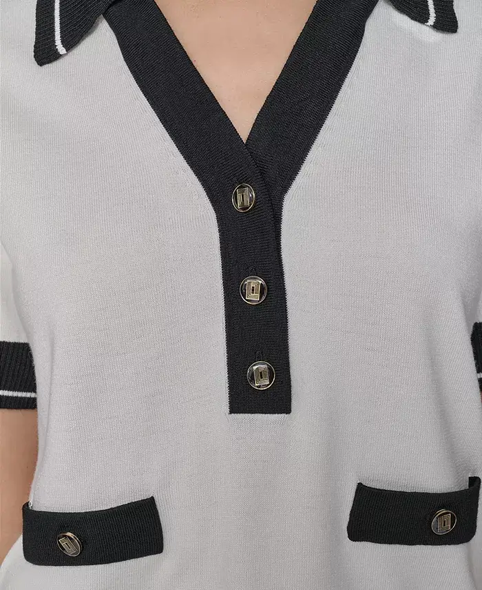 KARL LAGERFELD PARIS Petite Short-Sleeve Tipped Polo Sweater Women's Fashion Shoes & Accessories