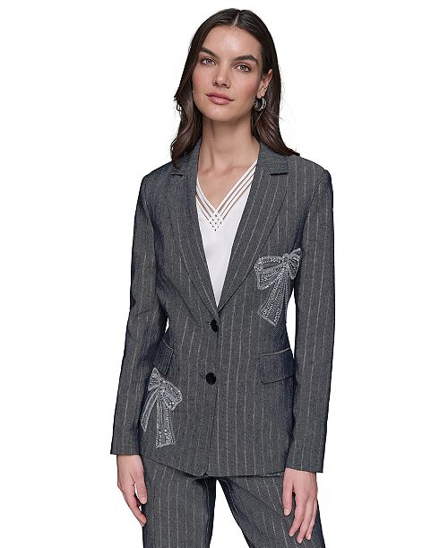KARL LAGERFELD PARIS Women's Beaded-Bow Pinstriped Blazer Women's Fashion Shoes & Accessories