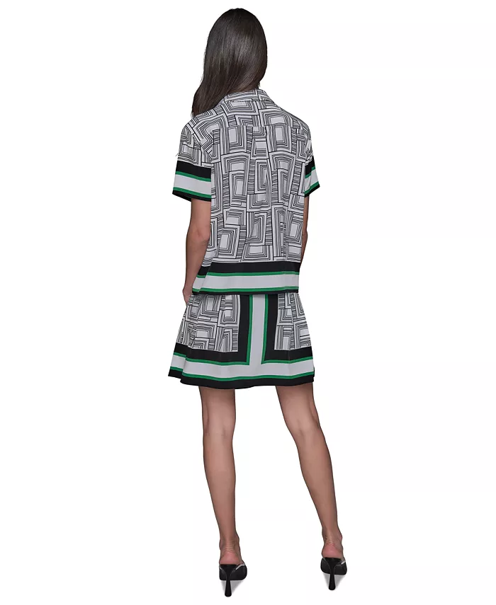 KARL LAGERFELD PARIS Women's Border Printed Short Sleeve Button-Front Top Women's Fashion Shoes & Accessories