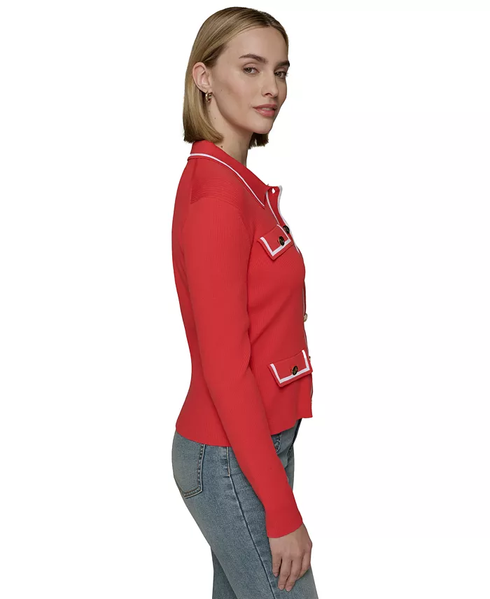 KARL LAGERFELD PARIS Women's Contrast-Trim Four-Pocket Cardigan Women's Fashion Shoes & Accessories