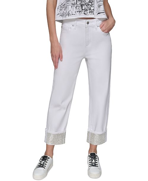 KARL LAGERFELD PARIS Women's Crystal-Cuff Jeans Women's Fashion Shoes & Accessories