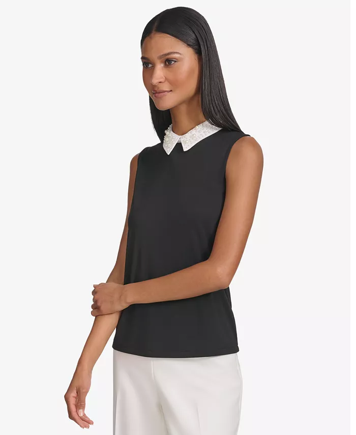 KARL LAGERFELD PARIS Women's Embellished Collar Sleeveless Blouse Women's Fashion Shoes & Accessories