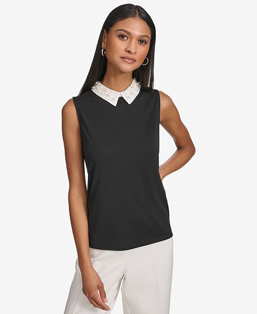 KARL LAGERFELD PARIS Women's Embellished Collar Sleeveless Blouse Women's Fashion Shoes & Accessories
