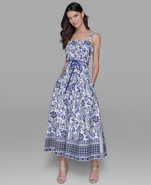 KARL LAGERFELD PARIS Women's Floral-Print Square-Neck Midi Dress Women's Fashion Shoes & Accessories