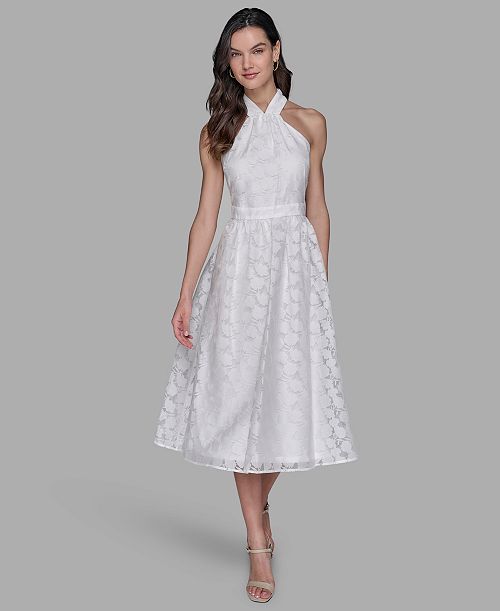 KARL LAGERFELD PARIS Women's Organza Burnout Midi Dress Women's Fashion Shoes & Accessories