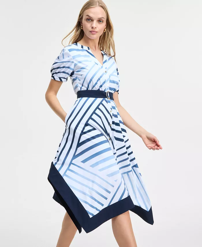 KARL LAGERFELD PARIS Women's Printed Handkerchief-Hem Shirtdress Women's Fashion Shoes & Accessories