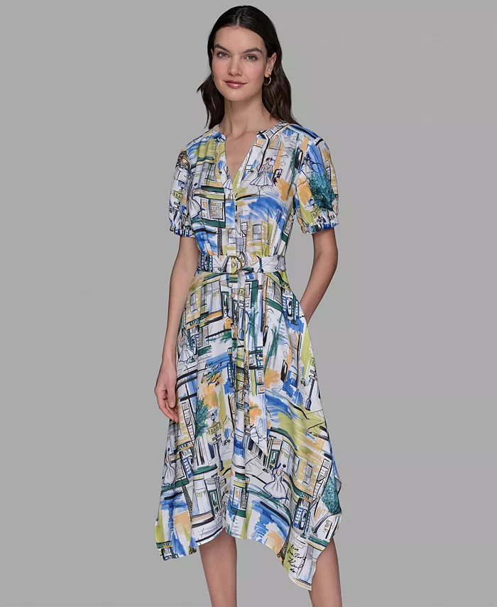 KARL LAGERFELD PARIS Women's Printed Paris Scene Belted High-Low Shirtdress Women's Fashion Shoes & Accessories