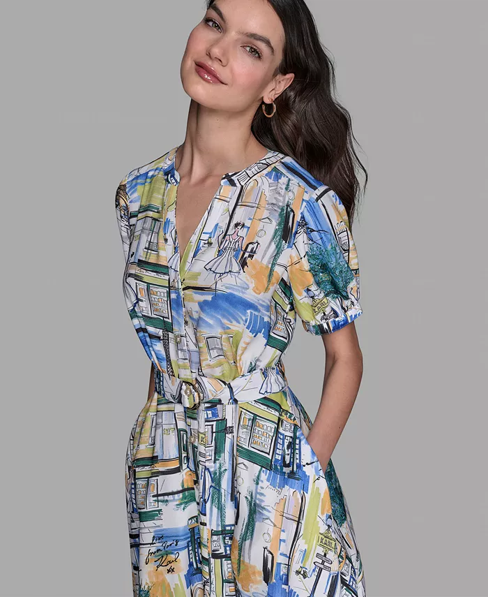 KARL LAGERFELD PARIS Women's Printed Paris Scene Belted High-Low Shirtdress Women's Fashion Shoes & Accessories