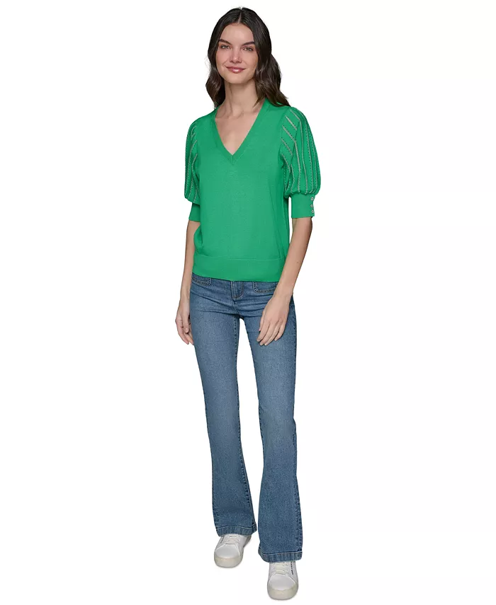 KARL LAGERFELD PARIS Women's Puffed-Sleeve V-Neck Sweater Women's Fashion Shoes & Accessories