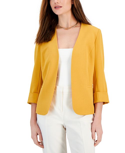 Kasper Women's Stretch Crepe Open-Front Roll-Sleeve Jacket Regular & Petite Women's Fashion Shoes & Accessories