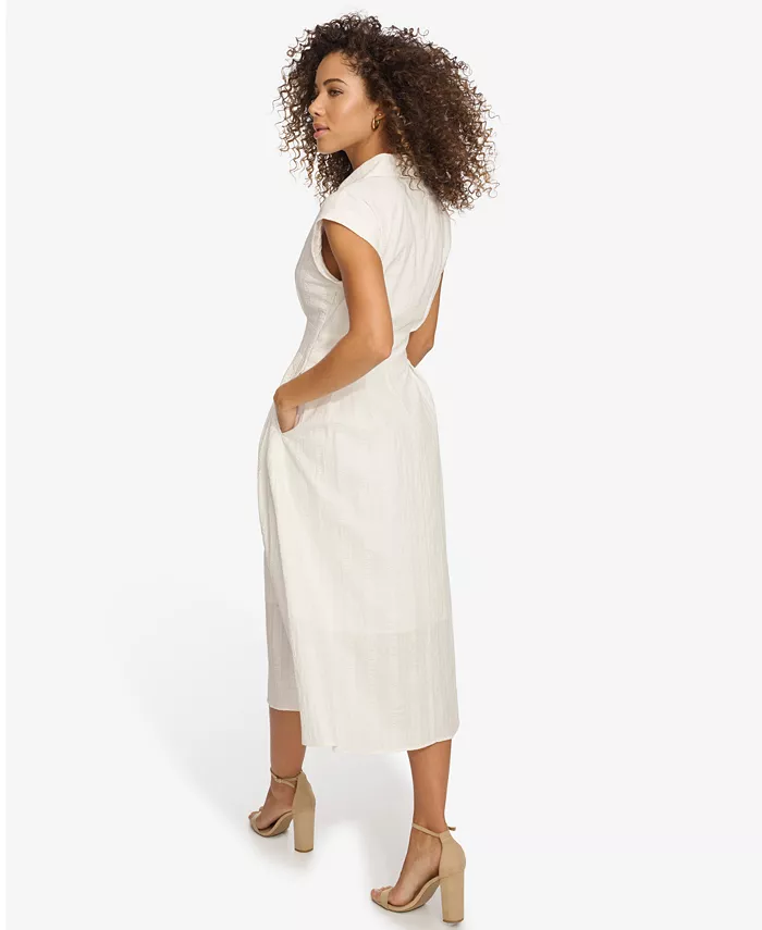 Kensie Women's Textured Stripe Midi Shirtdress With Collar Women's Fashion Shoes & Accessories