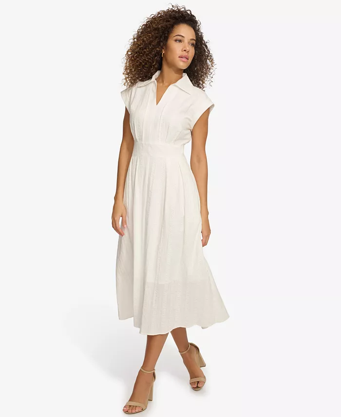 Kensie Women's Textured Stripe Midi Shirtdress With Collar Women's Fashion Shoes & Accessories