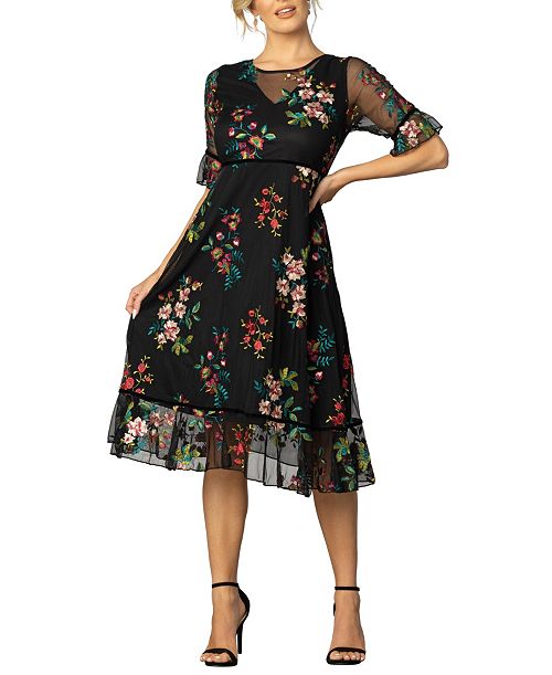 Kiyonna Women's Wildflower Embroidered Floral Mesh Dress Women's Fashion Shoes & Accessories