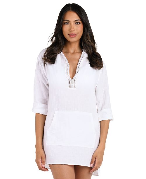 La Blanca Women's Seaside Hoodie with Kangaroo Pocket & Crochet Edging Detail Cover-Up Women's Fashion Shoes & Accessories