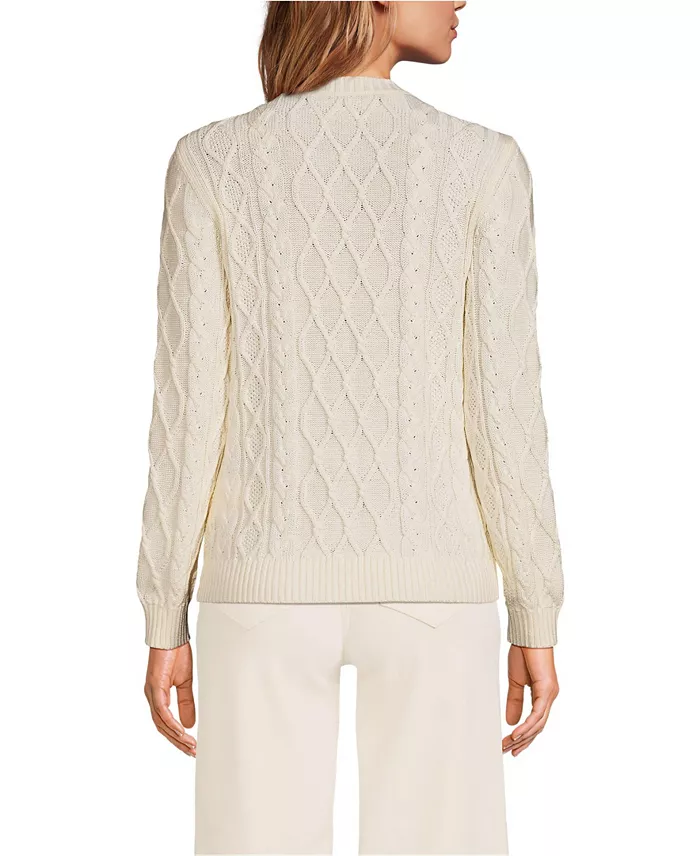Lands' End Women's Aran Cable Crew Neck Sweater Women's Fashion Shoes & Accessories