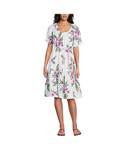 Lands' End Women's Puff Sleeve Pleated Linen Knee Length Dress Women's Fashion Shoes & Accessories