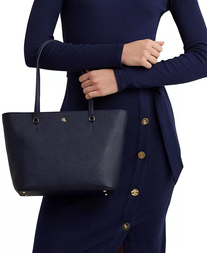 Lauren Ralph Lauren Crosshatch Leather Medium Karly Shopper Tote Handbags Purses & Accessories
