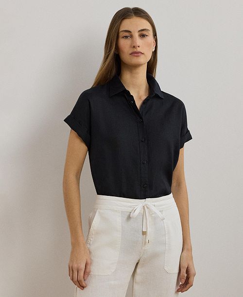 Lauren Ralph Lauren Dolman-Sleeve 100% Linen Shirt Women's Fashion Shoes & Accessories