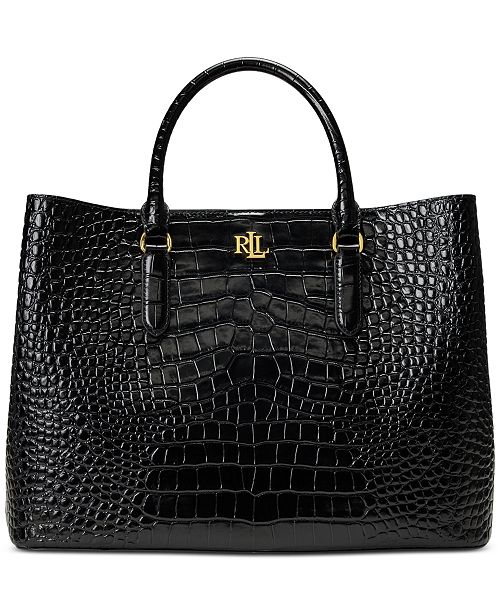 Lauren Ralph Lauren Marcy Large Embossed Leather Satchel Handbags Purses & Accessories