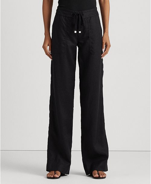 Lauren Ralph Lauren Petite 100% Linen Wide-Leg Linen Pants Women's Fashion Shoes & Accessories