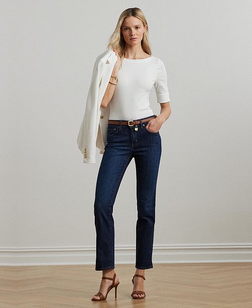 Lauren Ralph Lauren Super Stretch Premier Mid-Rise Straight Jeans Regular and Short Lengths Women's Fashion Shoes & Accessories