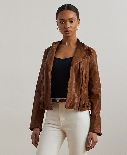 Lauren Ralph Lauren Tumbled-Leather Jacket Women's Fashion Shoes & Accessories