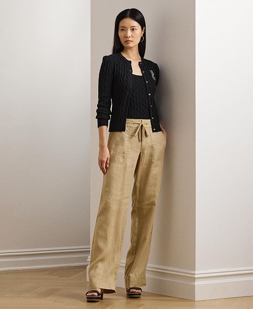 Lauren Ralph Lauren Wide-Leg 100% Linen Pants Women's Fashion Shoes & Accessories