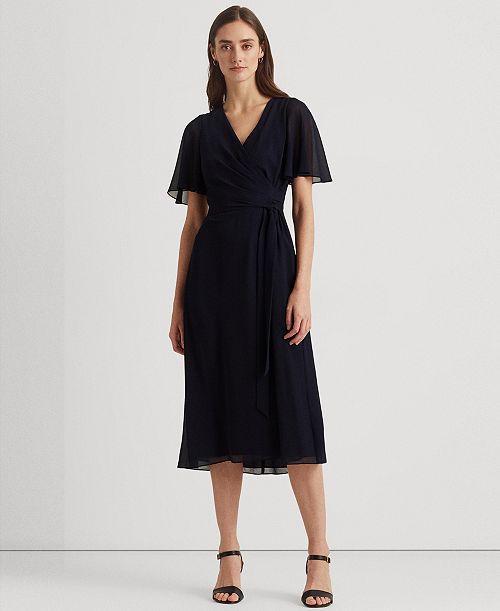 Lauren Ralph Lauren Women's Belted Georgette Dress Women's Fashion Shoes & Accessories