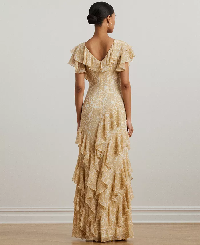 Lauren Ralph Lauren Women's Floral Ruffle-Trim Georgette Gown Women's Fashion Shoes & Accessories