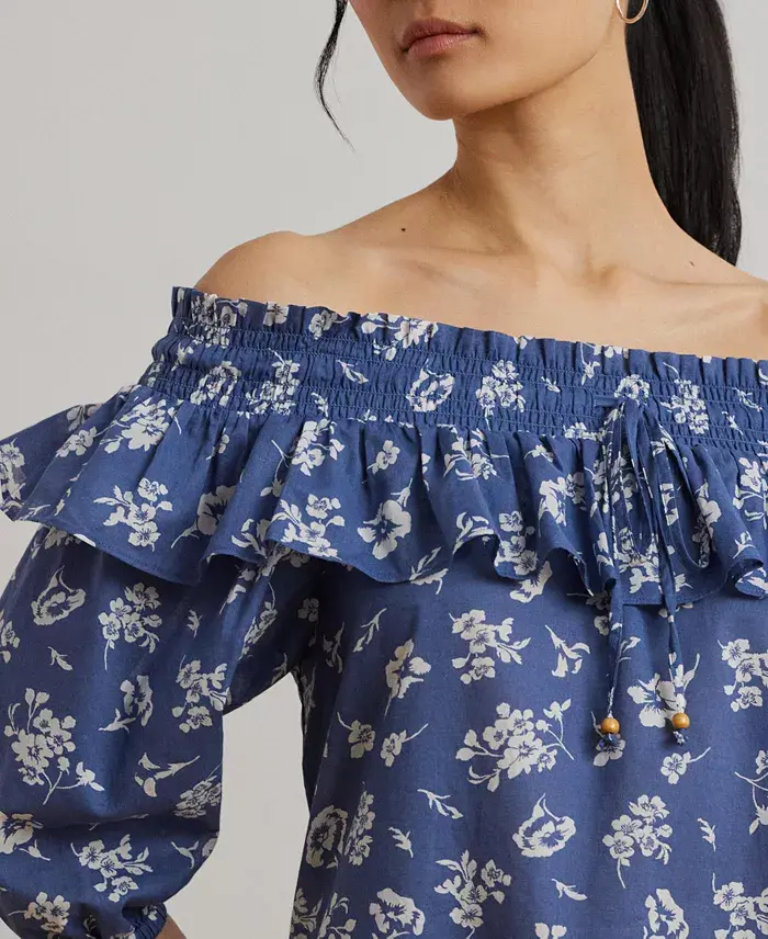 Lauren Ralph Lauren Women's Floral Voile Off-the-Shoulder Blouse Women's Fashion Shoes & Accessories
