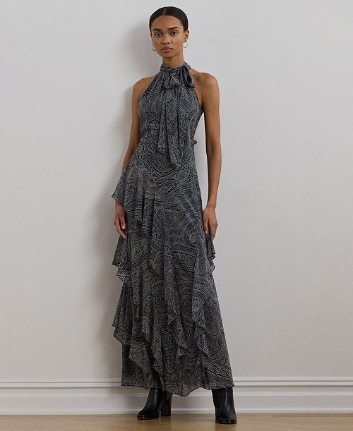 Lauren Ralph Lauren Women's Paisley Belted Georgette Tiered Gown Women's Fashion Shoes & Accessories