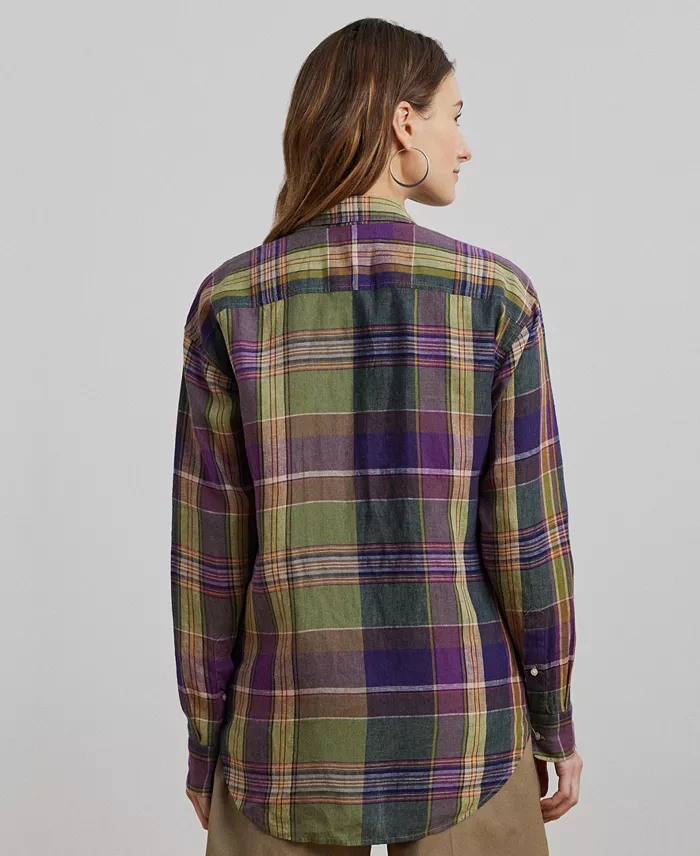 Lauren Ralph Lauren Women's Relaxed-Fit Plaid Linen Shirt Regular & Petite Women's Fashion Shoes & Accessories