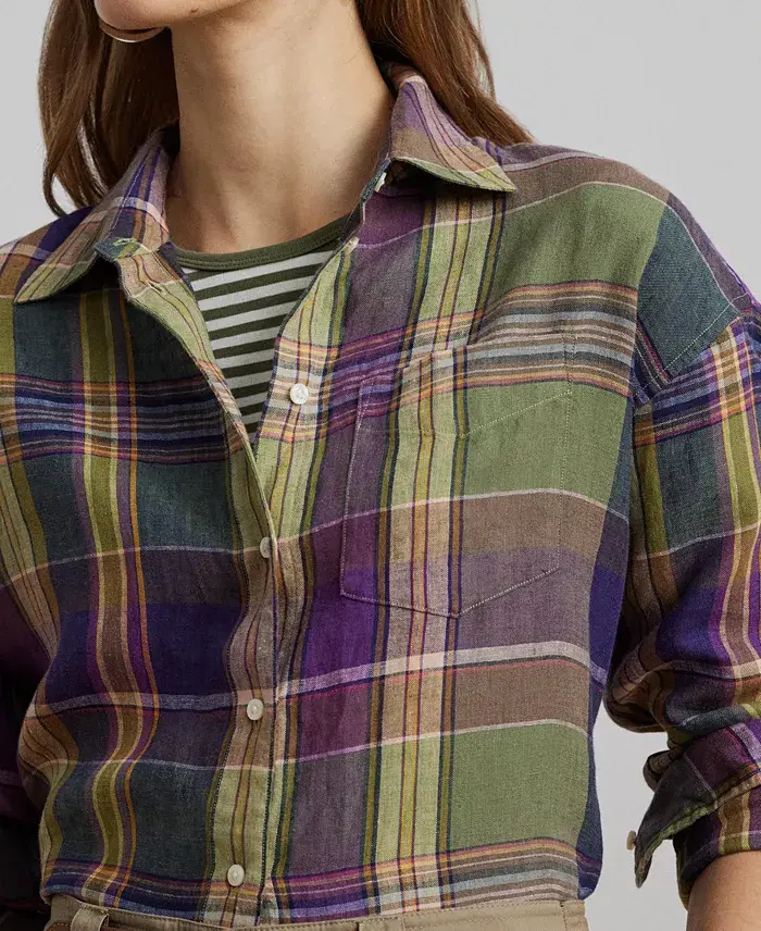 Lauren Ralph Lauren Women's Relaxed-Fit Plaid Linen Shirt Regular & Petite Women's Fashion Shoes & Accessories
