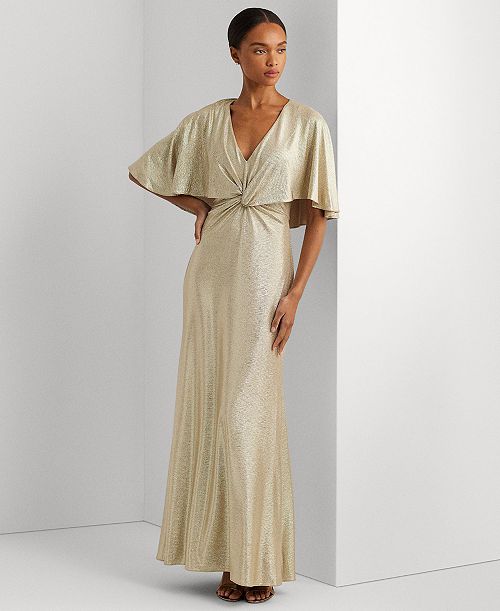 Lauren Ralph Lauren Women's Twist-Front Cape-Overlay Gown Women's Fashion Shoes & Accessories