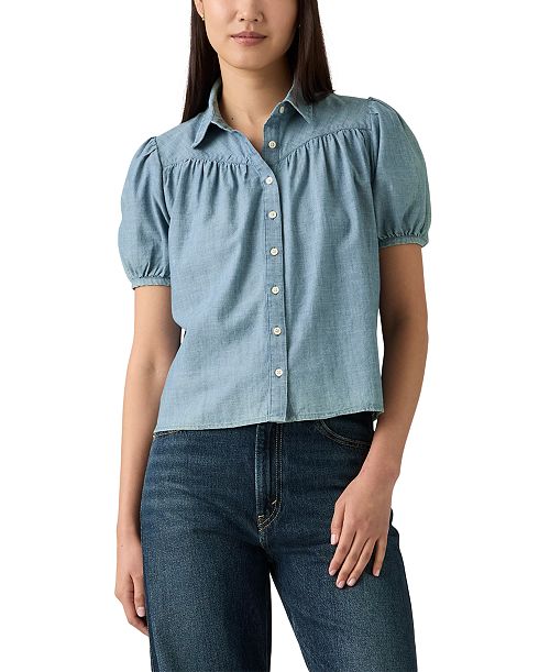 Levi's Women's Lea Printed Puff-Sleeve Slim-Fit Blouse Women's Fashion Shoes & Accessories