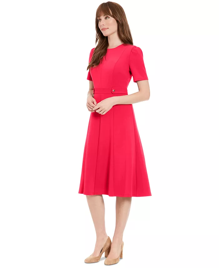 London Times Women's Puff-Sleeve Tab-Detail Fit & Flare Dress Women's Fashion Shoes & Accessories