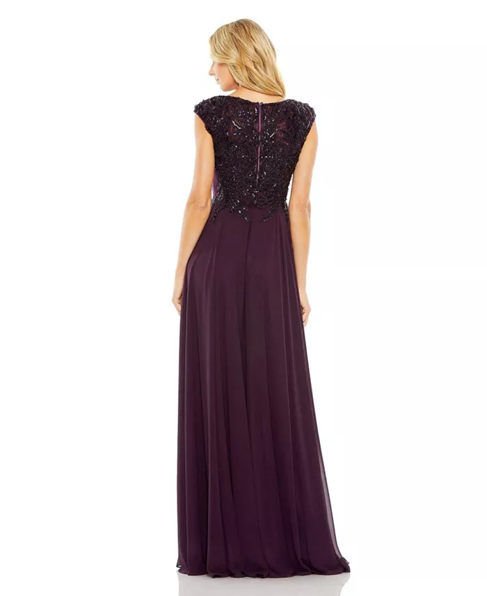 Mac Duggal Women's Appliqued Cap Sleeve Bodice Flowy Gown Women's Fashion Shoes & Accessories