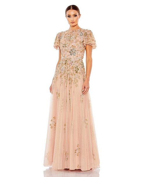 Mac Duggal Women's Embellished Butterfly Sleeve High Neck Gown Women's Fashion Shoes & Accessories