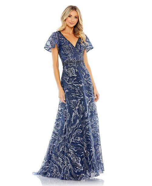 Mac Duggal Women's Embellished Illusion Butterfly Sleeve A-Line Gown Women's Fashion Shoes & Accessories